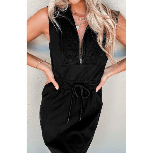 Aubrey Black French Terry Zipped Collar Sleeveless Drawstring Waist Mini Dress