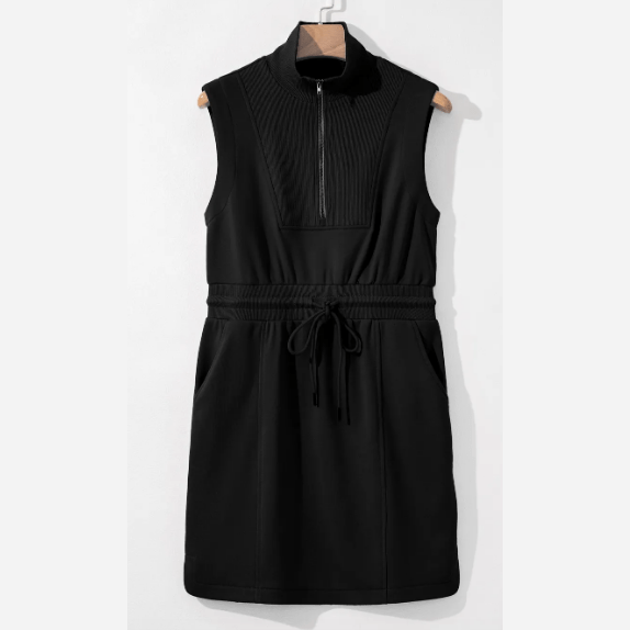 Aubrey Black French Terry Zipped Collar Sleeveless Drawstring Waist Mini Dress