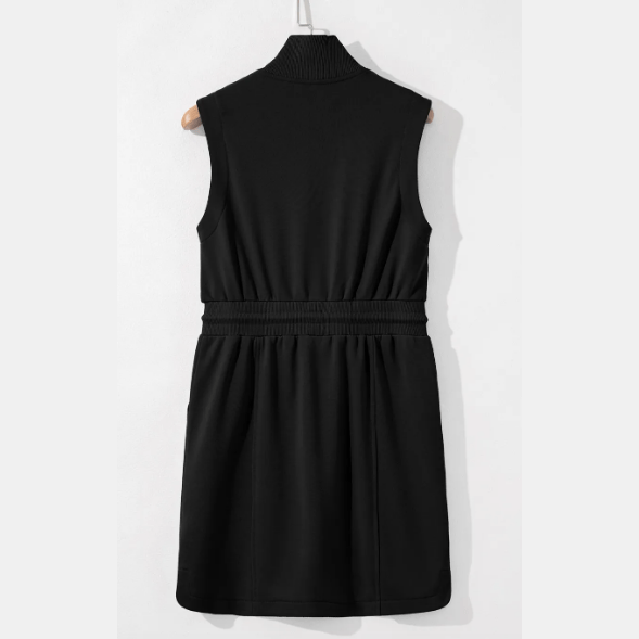 Aubrey Black French Terry Zipped Collar Sleeveless Drawstring Waist Mini Dress