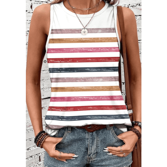 Caylee Red Stripe Rainbow Round Neck Tank Top