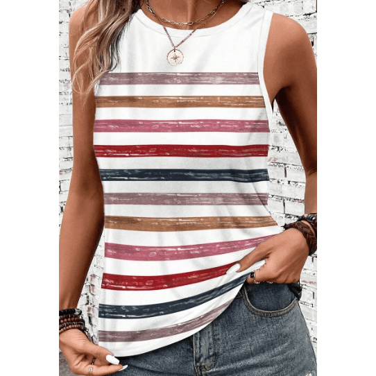 Caylee Red Stripe Rainbow Round Neck Tank Top