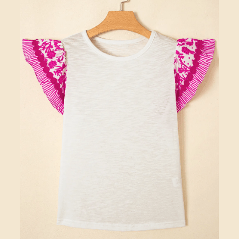 Anka Pink Ricrac Trim Printed Flutter Sleeve Contrast Patchwork Blouse