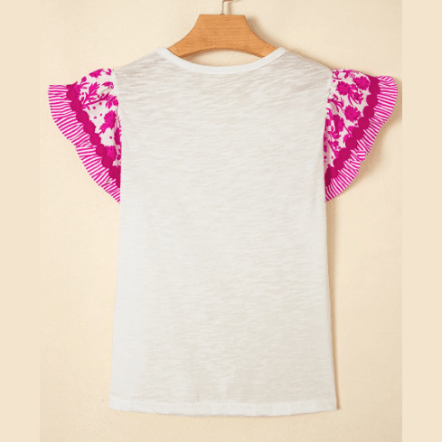 Anka Pink Ricrac Trim Printed Flutter Sleeve Contrast Patchwork Blouse