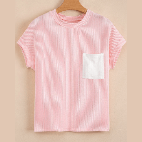 Noelle Pink Corded Knit Color Block Pocketed Crew Neck T Shirt