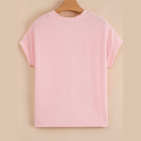 Noelle Pink Corded Knit Color Block Pocketed Crew Neck T Shirt