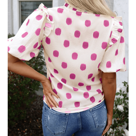 Phoebe Pink Polka Dot Print Shirred Yoke Notched Neck Balloon Sleeve Blouse