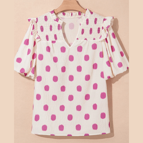 Phoebe Pink Polka Dot Print Shirred Yoke Notched Neck Balloon Sleeve Blouse