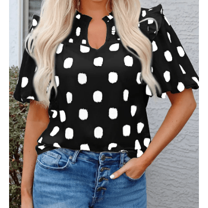 Phoebe Black Polka Dot Print Shirred Yoke Notched Neck Balloon Sleeve Blouse