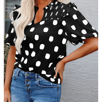 Phoebe Black Polka Dot Print Shirred Yoke Notched Neck Balloon Sleeve Blouse