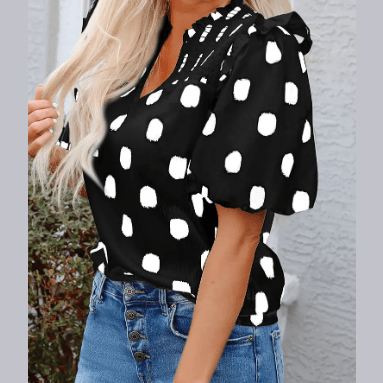 Phoebe Black Polka Dot Print Shirred Yoke Notched Neck Balloon Sleeve Blouse