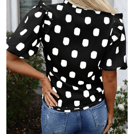 Phoebe Black Polka Dot Print Shirred Yoke Notched Neck Balloon Sleeve Blouse