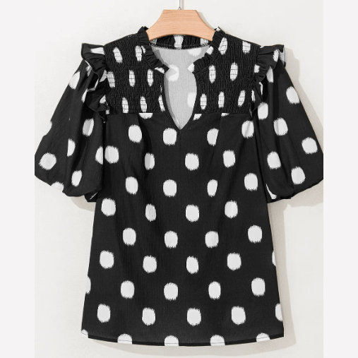 Phoebe Black Polka Dot Print Shirred Yoke Notched Neck Balloon Sleeve Blouse