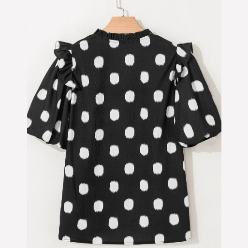Phoebe Black Polka Dot Print Shirred Yoke Notched Neck Balloon Sleeve Blouse