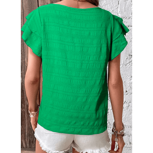 Pauletta Green Textured Ruffled Sleeve Round Neck Top