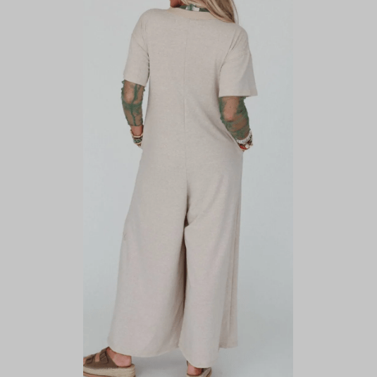 Kimbra Khaki Half Placket Chest Pockets Short Sleeve Wide Leg Jumpsuit