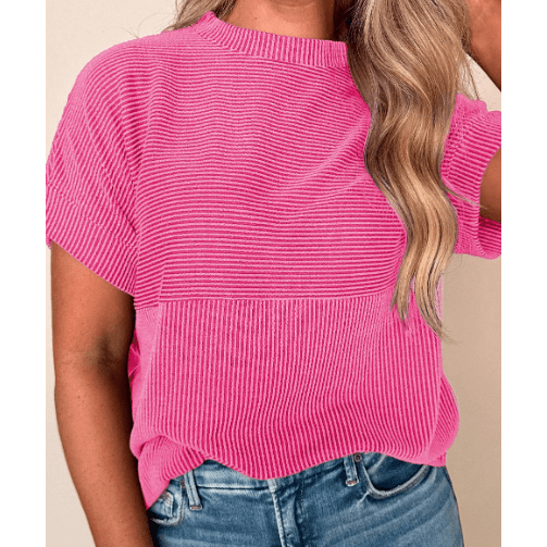 Nathalie Pink Corded Knit Mock Neck T Shirt