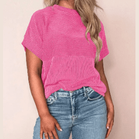 Nathalie Pink Corded Knit Mock Neck T Shirt