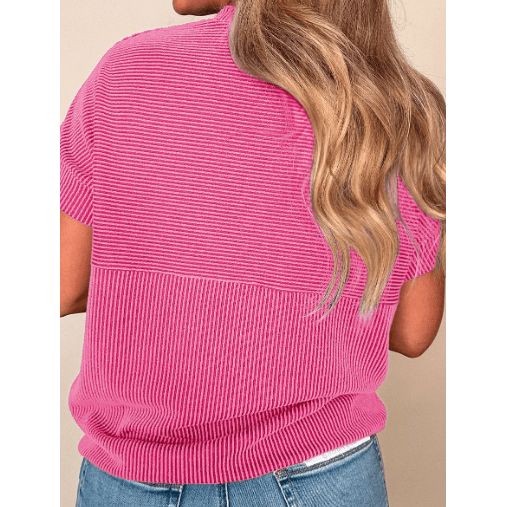 Nathalie Pink Corded Knit Mock Neck T Shirt
