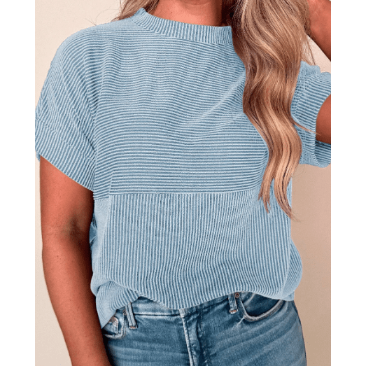 Nathalie Blue Corded Knit Mock Neck T Shirt