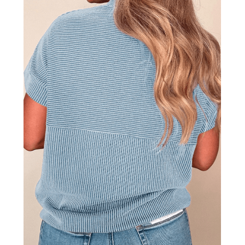Nathalie Blue Corded Knit Mock Neck T Shirt