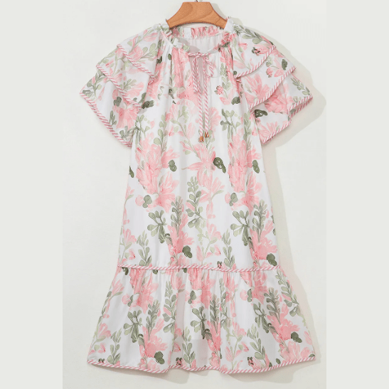 Twyla Pink Floral Contrast Edge Layered Short Sleeve Mini Dress