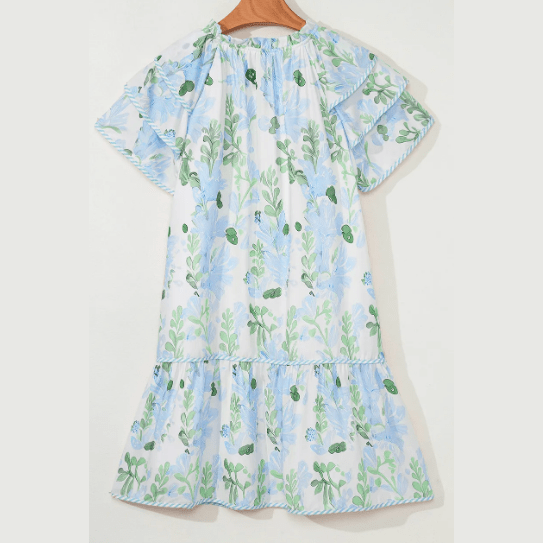 Twyla Blue Floral Contrast Edge Layered Short Sleeve Mini Dress