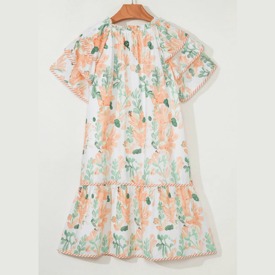 Twyla Orange Floral Contrast Edge Layered Short Sleeve Mini Dress
