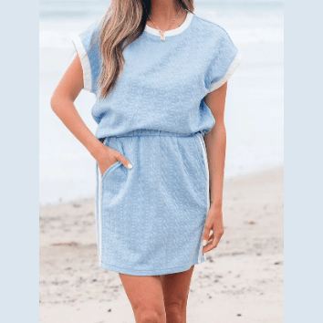 Evyn Beau Blue Contrast Trim Textured Crewneck Tee and Pocketed Skirt Set