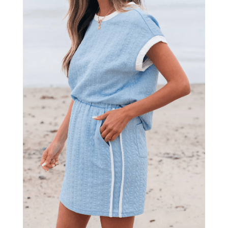 Evyn Beau Blue Contrast Trim Textured Crewneck Tee and Pocketed Skirt Set