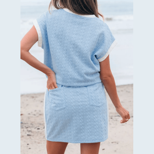 Evyn Beau Blue Contrast Trim Textured Crewneck Tee and Pocketed Skirt Set
