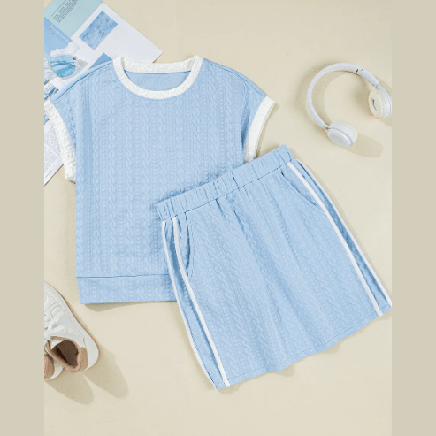 Evyn Beau Blue Contrast Trim Textured Crewneck Tee and Pocketed Skirt Set