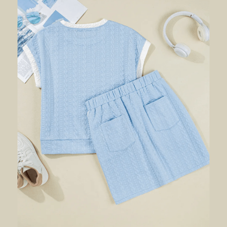 Evyn Beau Blue Contrast Trim Textured Crewneck Tee and Pocketed Skirt Set