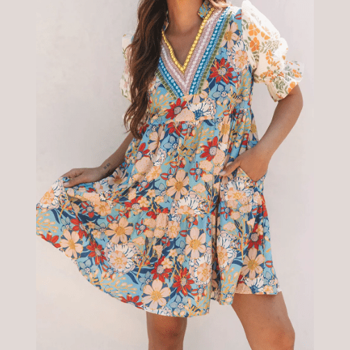 Luciana Multicolour Boho Floral Print Crochet Patchwork V Neck Loose Mini Dress