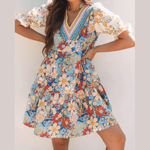 Luciana Multicolour Boho Floral Print Crochet Patchwork V Neck Loose Mini Dress