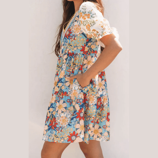 Luciana Multicolour Boho Floral Print Crochet Patchwork V Neck Loose Mini Dress