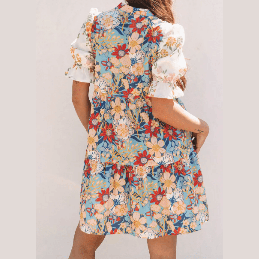 Luciana Multicolour Boho Floral Print Crochet Patchwork V Neck Loose Mini Dress