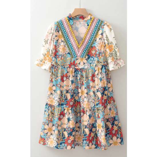 Luciana Multicolour Boho Floral Print Crochet Patchwork V Neck Loose Mini Dress