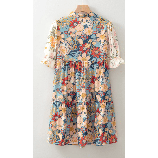 Luciana Multicolour Boho Floral Print Crochet Patchwork V Neck Loose Mini Dress
