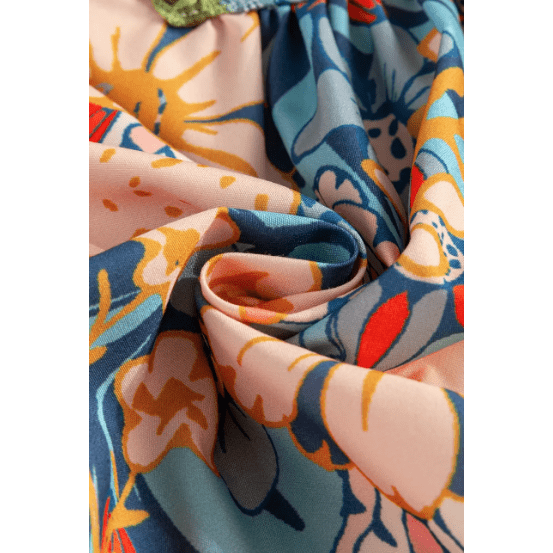 Luciana Multicolour Boho Floral Print Crochet Patchwork V Neck Loose Mini Dress