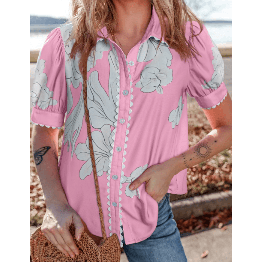 Porsha Pink Floral Ric Rac Edge Puff Sleeve Button Up Summer Shirt