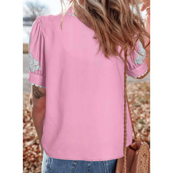Porsha Pink Floral Ric Rac Edge Puff Sleeve Button Up Summer Shirt