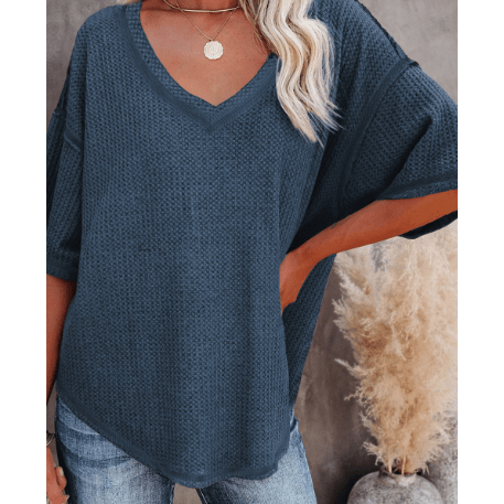 Sherry Blue Exposed Seam Half Sleeve Knitted V Neck Textured Top