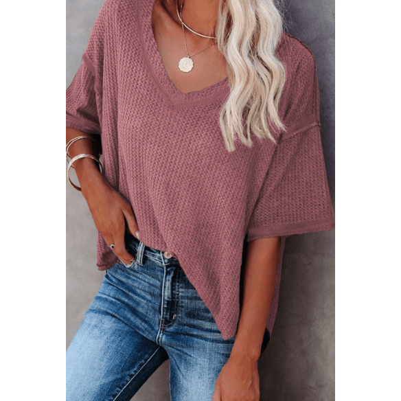 Sherry Mauve Exposed Seam Half Sleeve Knitted V Neck Textured Top