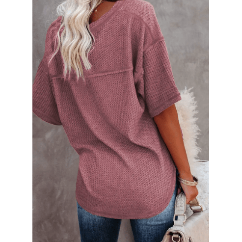 Sherry Mauve Exposed Seam Half Sleeve Knitted V Neck Textured Top