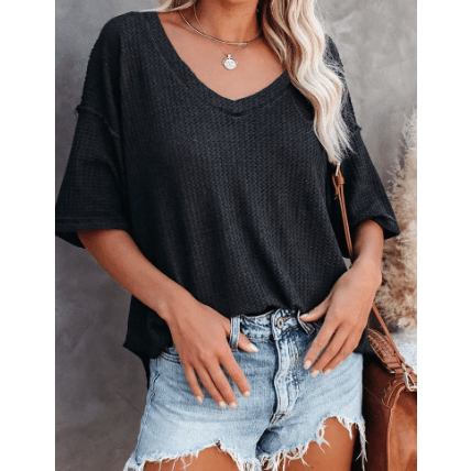Sherry Black Exposed Seam Half Sleeve Knitted V Neck Textured Top