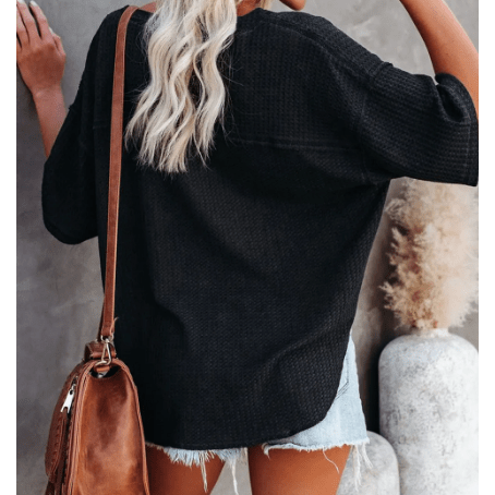 Sherry Black Exposed Seam Half Sleeve Knitted V Neck Textured Top