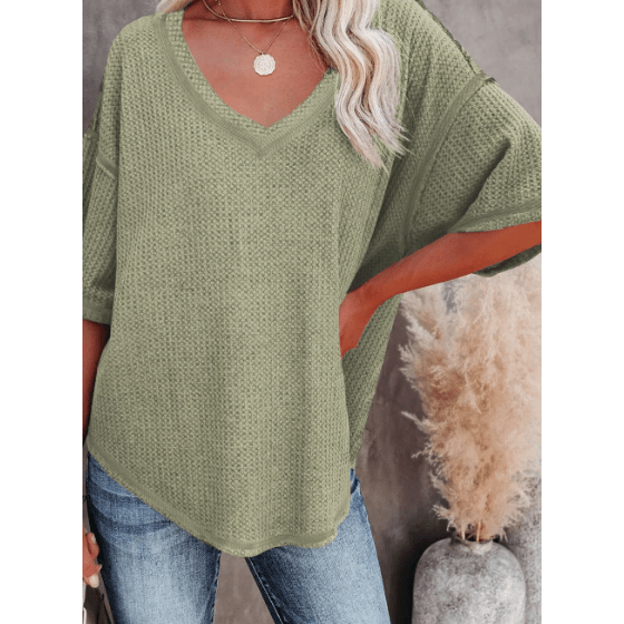 Sherry Green Exposed Seam Half Sleeve Knitted V Neck Textured Top