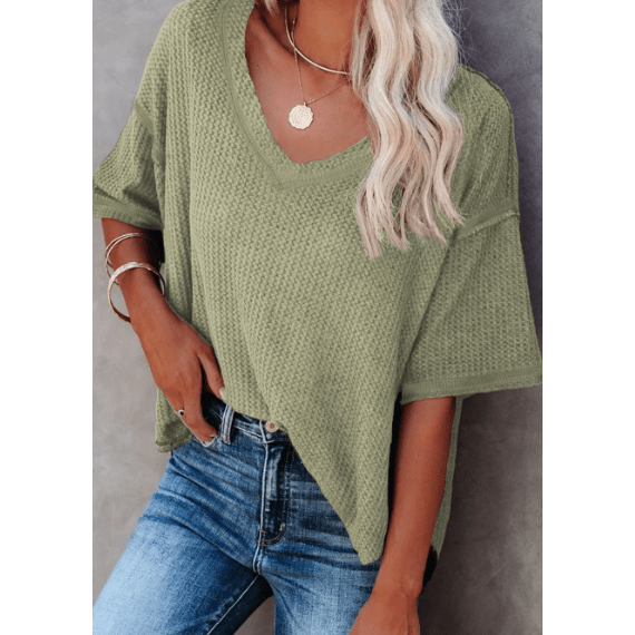 Sherry Green Exposed Seam Half Sleeve Knitted V Neck Textured Top