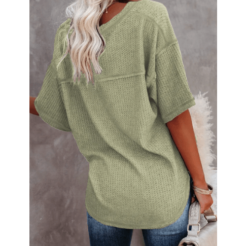 Sherry Green Exposed Seam Half Sleeve Knitted V Neck Textured Top