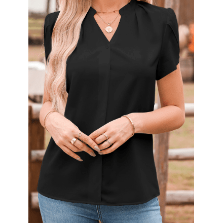 Leona Black Silky Notched Neckline Petal Sleeve Blouse